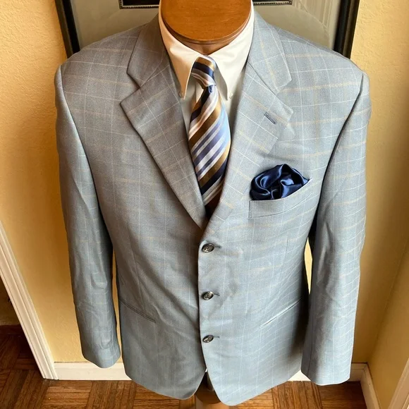 Marzotto Sartoriale Fine Italian Wool Light Blue Windowpane Jacket Size 40R